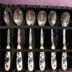 Vintage Blue and White Floral Demitasse Stainless Steel Spoon Set of Six